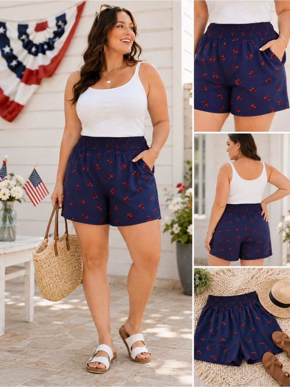 Torrid Navy Cherry Print Flowy Pull-On Shorts Lyocell Blend Smocked Waist 2X
